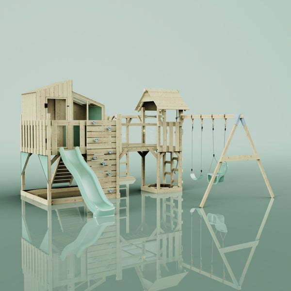 Spielturm mit Rutsche, Schaukel und Kletterwand aus Holz