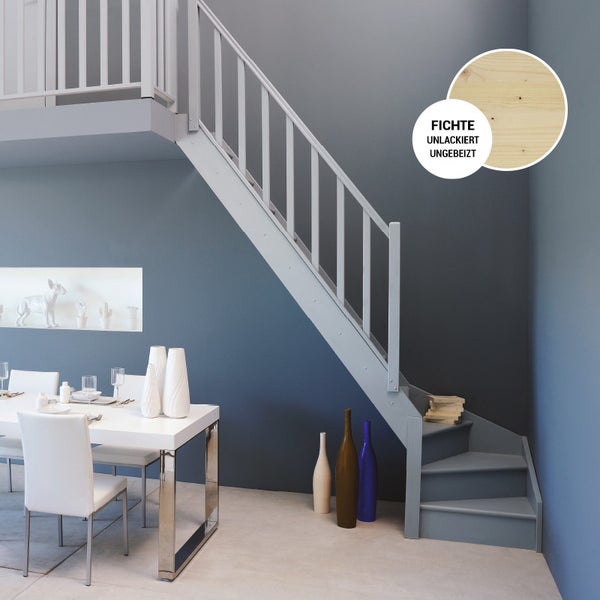 Raumansicht mit lackierter Treppe und Detailaufnahme von Fichtenholz, unbehandelt und unlackiert.