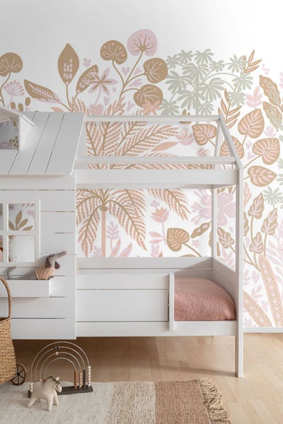 ESTAhome Fototapete tropische Blätter und Blüten Hellbeige - 2.5 x 2.79 m - 159423
