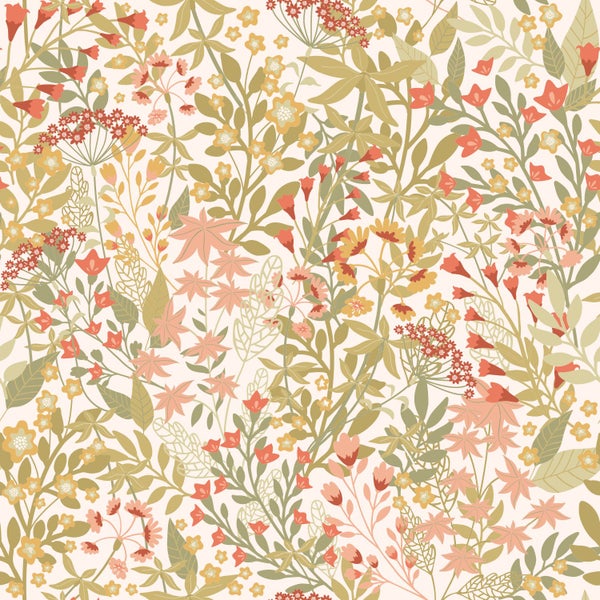 ESTAhome Tapete Feldblumen Grün, Rosa und Ockergelb - 50 x 900 cm - 131349
