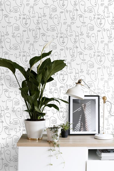 ESTAhome Tapete Line Art Gesichter Schwarz-Weiß - 53 cm x 10.05 m - 139145