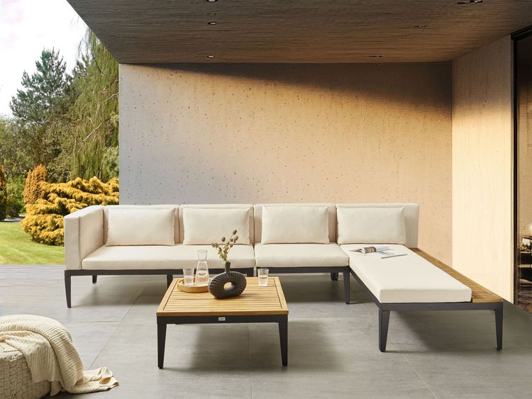 Garten Ecksofa mit Tisch 4-Sitzer BRACCIANO linksseitig zertifiziertes Akazienholz Hellbeige