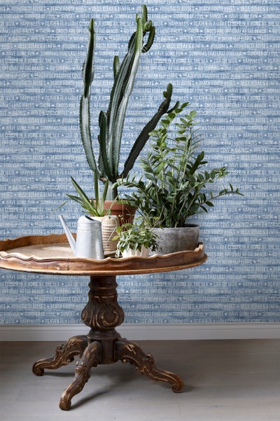 ESTAhome Tapete sommerliche Texte Blau - 53 cm x 10.05 m - 148643