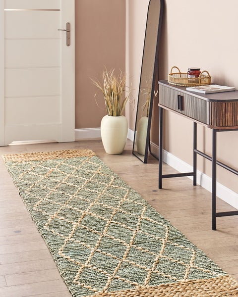 Teppich Jute grün / beige 80 x 300 cm geometrisches Muster Kurzflor TELLIKAYA