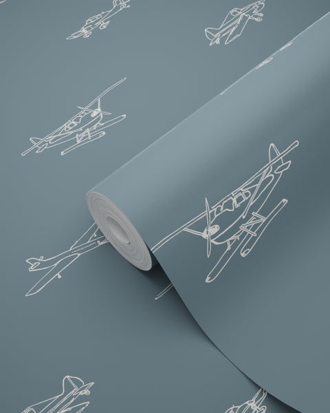 ESTAhome Tapete Flugzeuge und Hubschrauber Graublau - 53 cm x 10.05 m - 139509