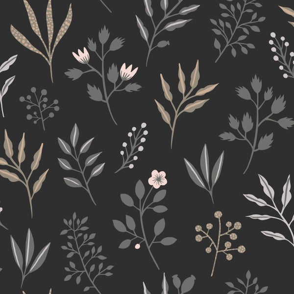 ESTAhome Tapete Blumenmuster im skandinavischen Stil Schwarz - 53 cm x 10.05 m - 139083