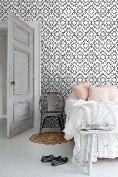 ESTAhome Tapete Marrakescher Aztec-Teppich Schwarz und Weiß - 53 cm x 10.05 m - 148677