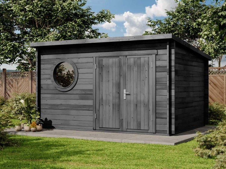 Gartenhaus aus Holz mit Doppeltür und rundem Fenster