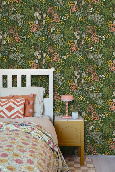 ESTAhome Tapete Bäumen und Blumen Grün, Rosa und Gelb - 50 x 900 cm - 131189