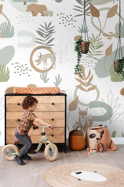 ESTAhome Fototapete Wald mit Waldtieren Graugrün und Beige - 200 x 279 cm - 159256