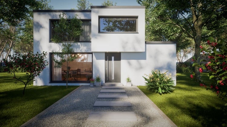 Moderne Hausfassade mit Haustür, Fenster und gepflegtem Garten