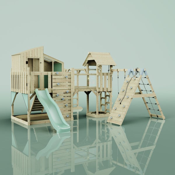 Holzspielplatz mit Rutsche, Kletterwand und Spielhaus