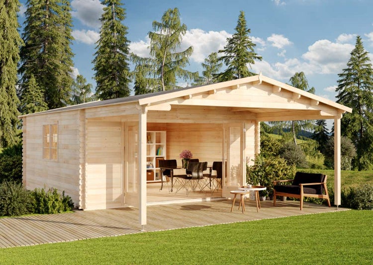 Alpholz Gartenhaus Nyborg-44 ISO mit Falttür Gartenhaus aus Holz, Holzhaus mit 44 mm Wandstärke inklusive Schleppdach FSC zertifiziert, Blockbohlenhaus mit Montagematerial, Naturbelassen 5x7,8m