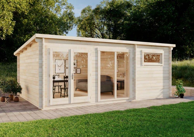 Alpholz Gartenhaus Atrium-E aus Massiv-Holz, Gerätehaus mit 70 mm Wandstärke, Garten Holzhaus inklusive Montagematerial, Geräteschuppen Größe: 598 x 400 cm, Pultdach