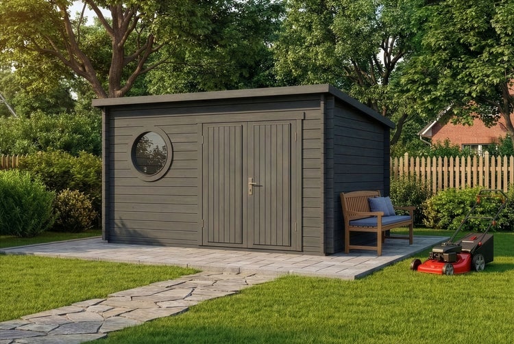 Modernes dunkelgraues Gartenhaus aus Holz mit Pultdach, rundem Fenster und Doppeltür auf einer Steinterrasse in einem hellen Garten.