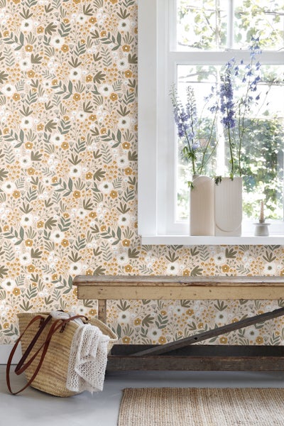 ESTAhome Tapete Blumen Graugrün und Braun - 50 x 900 cm - 131068
