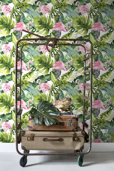 ESTAhome XXL-Vliestapete tropische Blätter mit Flamingos Grün und Rosa - 50 x 900 cm - 158895
