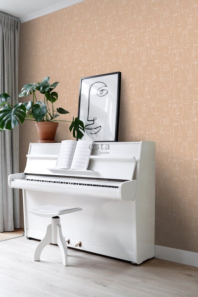 ESTAhome Tapete Line Art Gesichter Pfirsichrosa und Weiß - 53 cm x 10.05 m - 139214