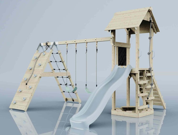 Spielturm aus Holz mit Rutsche, zwei Schaukeln, Kletterwand und Kletterseil für den Garten.