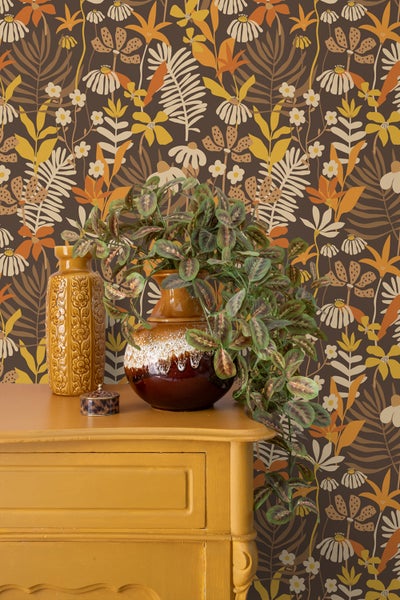 ESTAhome Tapete tropische Blätter und Blüten Braun und Mehrfarbig - 50 x 900 cm - 130997