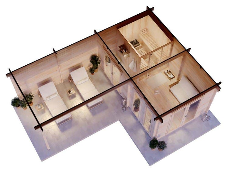 Dreidimensionaler Grundriss eines hölzernen Gartenhauses mit Sauna, Ruheraum mit Liegen und hellem Innenraum.