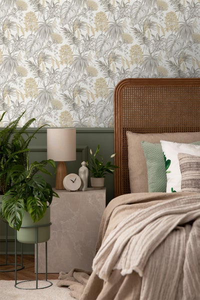Sanders und Sanders Tapete tropische Blätter Beige, Grau und Gelb - 53 cm x 10,05 m - 640733