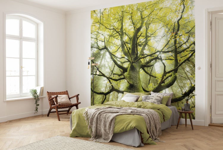 Schlafzimmer mit Fototapete mit Baum Motiv, Bett und Holzstuhl