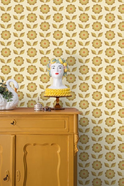ESTAhome Tapete Blumen Olivgrün und Ockergelb - 50 x 900 cm - 130978