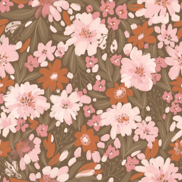 ESTAhome Tapete Blumen Hellrosa, Terrakotta und Graugrün - 50 x 900 cm - 130926
