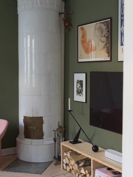 Wohnzimmer mit Kaminofen, Holzregal und Dekorationen