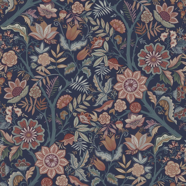 ESTAhome Tapete Blumenmuster Dunkelblau und Terrakottabraun - 50 x 900 cm - 131335