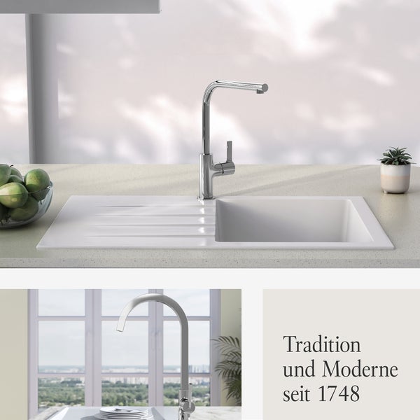 Eine glänzende Einhebel-Küchenarmatur mit hohem Auslauf und einem zylindrischen Hebel.