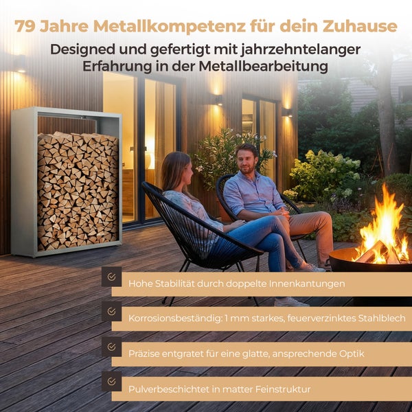 Szene im Garten mit Holzlager, Paar und Feuerstelle