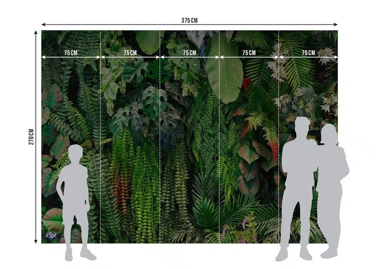 Fototapete mit tropischem Pflanzenmotiv, 375 mal 270 Zentimeter, fünf Bahnen à 75 Zentimeter, mit Personen-Silhouetten zum Größenvergleich.