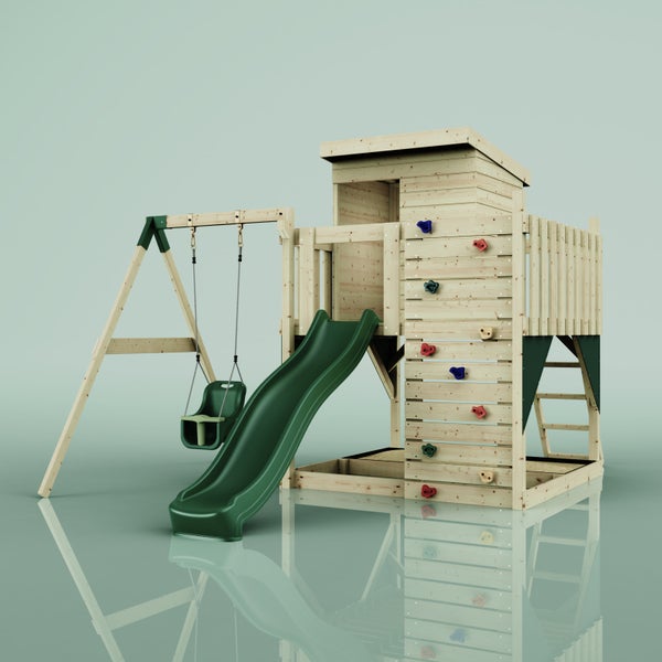 Spielturm aus Holz mit Wellenrutsche, Babyschaukel, Kletterwand mit bunten Griffen und Sandkasten.