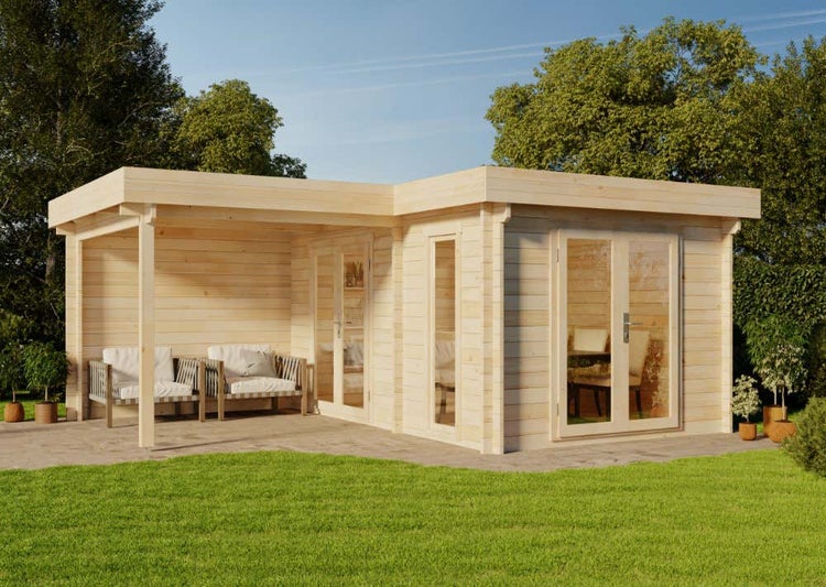 Alpholz Flachdach Gartenhaus Quinta Petite ISO Gartenhaus aus Holz, Holzhaus mit 44 mm Wandstärke inklusive Terrasse inklusive Schleppdach, Blockbohlenhaus mit Montagematerial, Naturbelassen 5,8x4,8m