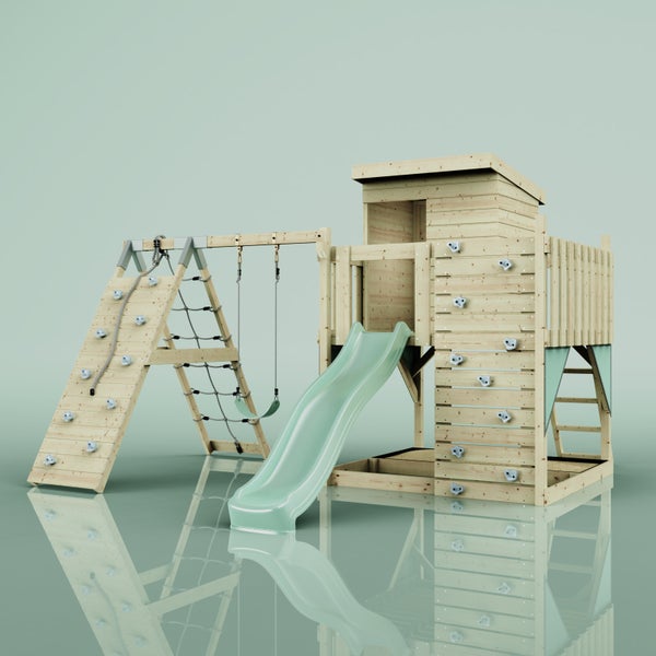 PolarPlay Spielturm Freja aus Holz in Grün Kinderschaukel