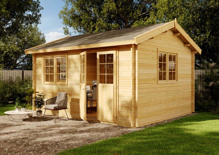 Alpholz Gartenhaus Collin ISO Premium Gartenhaus aus Holz in natur, Holzhaus mit 44 mm Wandstärke, Blockbohlenhaus mit Montagematerial imprägniert 4,8x3,9m