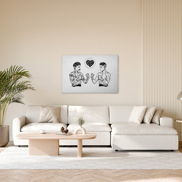 Dekorationsobjekt: Leinwandbild mit zwei Boxern und Herzmotiv in einem Wohnzimmer.