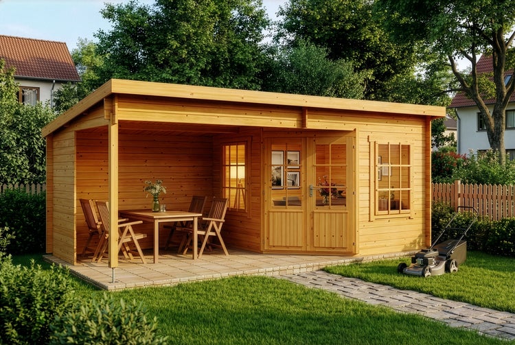 Modernes Gartenhaus aus Holz mit Pultdach, integrierter Terrasse mit Sitzgruppe, Doppelflügeltür und Sprossenfenstern in gepflegtem Garten.