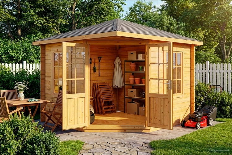Ein Eckgartenhaus aus Holz mit Doppeltür, Fenster und einem pyramidenförmigen Dach, aufgestellt in einem sonnigen, grünen Garten.