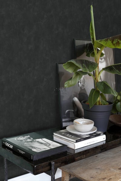 Dekoratives Interieur mit Zimmerpflanze, Büchern und Bilderrahmen auf einem Tisch.