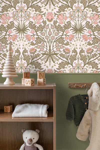 ESTAhome Tapete Blumenmuster im Jugendstil Hellrosa und Graugrün - 50 x 900 cm - 131176