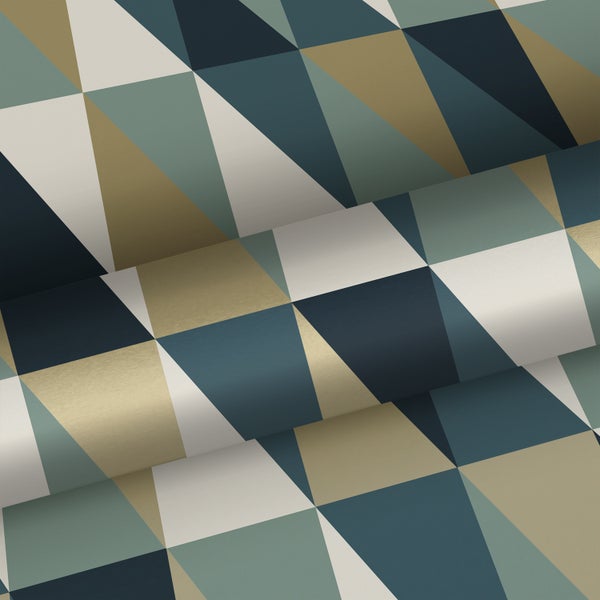 ESTAhome Tapete grafische Dreiecke Gold, Grün und Blau - 53 cm x 10.05 m - 139197