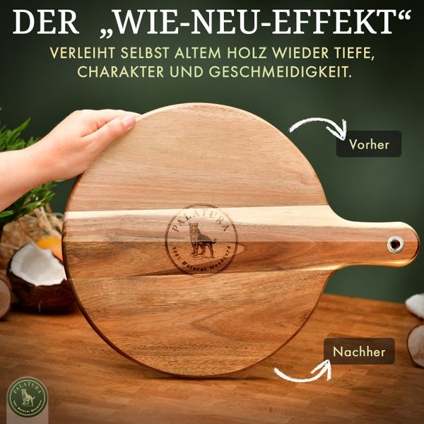 Vorher-Nachher-Effekt eines Holzpflegeprodukts auf einem Holzbrett mit Griff