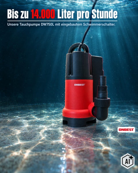 Onbest Tauchpumpe DW750L mit integriertem Schwimmerschalter für eine Fördermenge von bis zu 14000 Liter pro Stunde unter Wasser dargestellt.