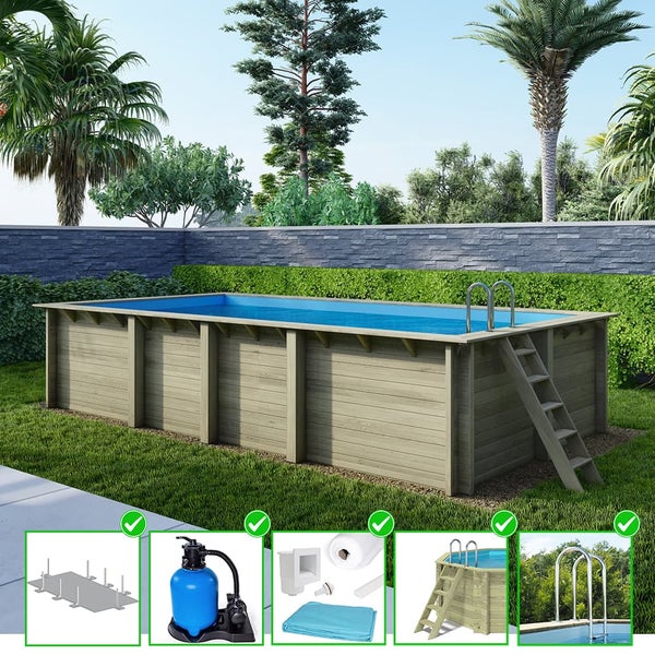 Rechteckiger Holzpool mit Leiter und Zubehör im Garten