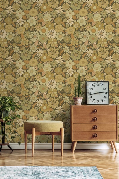 ESTAhome Tapete Retro Blumen Olivgrün - 50 x 900 cm - 130967