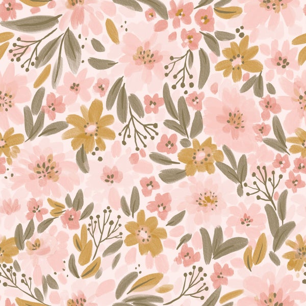 ESTAhome Tapete Blumen Hellrosa, Ockergelb und Graugrün - 50 x 900 cm - 130923