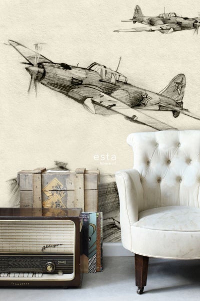 ESTAhome Fototapete Flugzeugzeichnungen Beige und Grau - 186 cm x 2,79 m - 158805